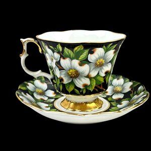 Royal Albert Footed Teacup & Saucer Flora Series Dogwood Black White Bone China